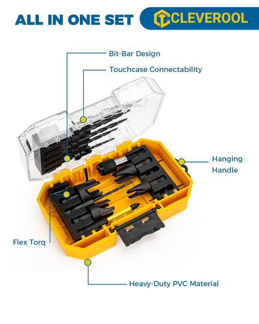16PCS Countersink Drill Bit Set, Adjustable Depth Tapered Drill Bits with 4 Wood Plug Cutters & 1/4" Hex Shank, Counter Sink Drill Bit for Wood with Storage Box