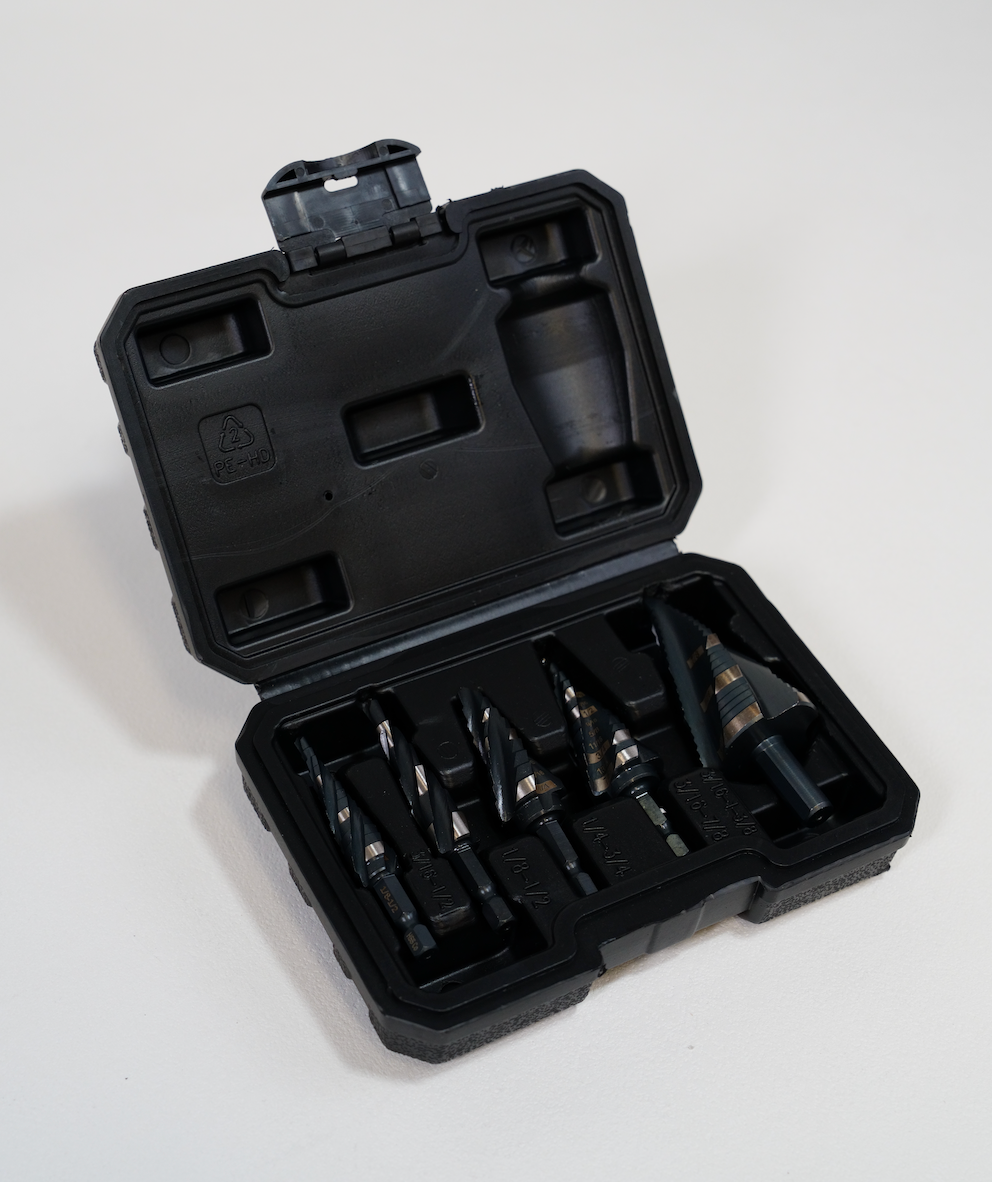 NEW Step Drill Bit Set, 5-PCS- Four Spiral Groove Set of hex Shank Step Drill Bit Suitable for Aluminum, Wood Plastic, Metal and Other Materials Four-Spiral Metric Flute Multi-Material Nitrided HSS high speed steel tools
