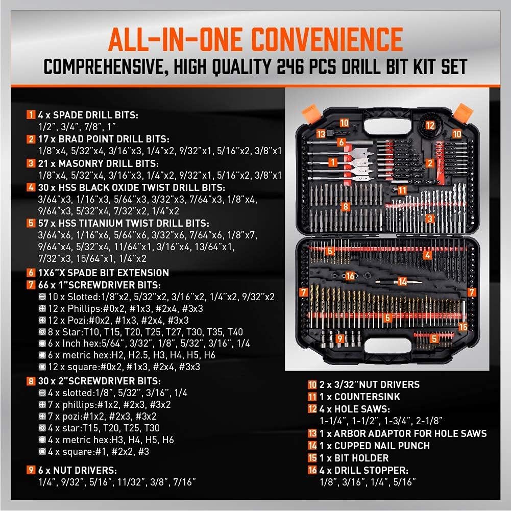 Drill Bit Set - 246 PCS Comprehensive Premium Quality Drill Bits Kit for Wood Metal Cement Drilling & Screw Driving, Full Combo Kit Assorted in Organized Carrying Case, Reinforced Packaging