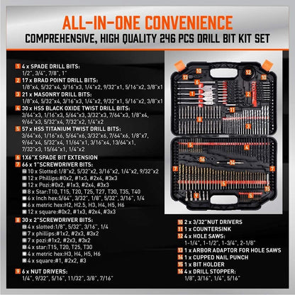 Drill Bit Set - 246 PCS Comprehensive Premium Quality Drill Bits Kit for Wood Metal Cement Drilling & Screw Driving, Full Combo Kit Assorted in Organized Carrying Case, Reinforced Packaging