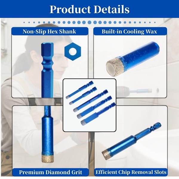 Tile Drill Bits,Dry Diamond Drill Bits for Ceramic,5 Pack Hex Shank Glass Drill Bit(1/4" - 1/2") for Tile, Marble,Porcelain,Ceramic,Stone,Glass Tool