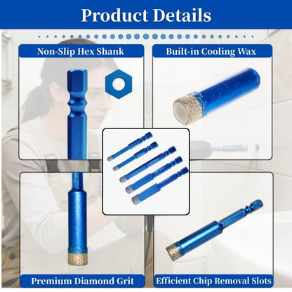 Tile Drill Bits,Dry Diamond Drill Bits for Ceramic,5 Pack Hex Shank Glass Drill Bit(1/4" - 1/2") for Tile, Marble,Porcelain,Ceramic,Stone,Glass Tool
