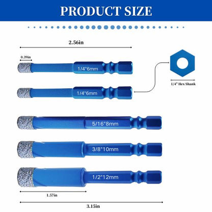 Tile Drill Bits,Dry Diamond Drill Bits for Ceramic,5 Pack Hex Shank Glass Drill Bit(1/4" - 1/2") for Tile, Marble,Porcelain,Ceramic,Stone,Glass Tool