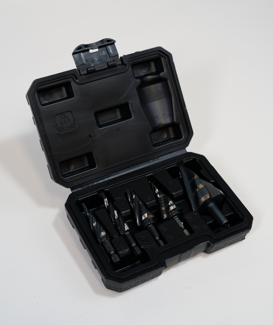 NEW Step Drill Bit Set, 5-PCS- Four Spiral Groove  Set of hex Shank Step Drill Bit Suitable for Aluminum, Wood Plastic, Metal and Other Materials Four-Spiral Metric Flute Multi-Material Nitrided HSS high speed steel tools